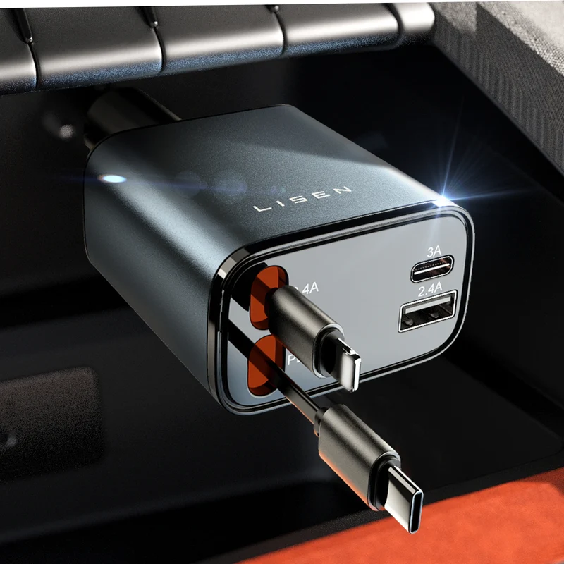 LISEN Retractable Car Charger, for Christmas Day Gifts for Men Women, 69W Cars Adapter USB C Fast Charger for iPhone 17, Car Accessories for Men Women Drivers, for iPhone 17 Pro Max Air 16 15 14 Plus