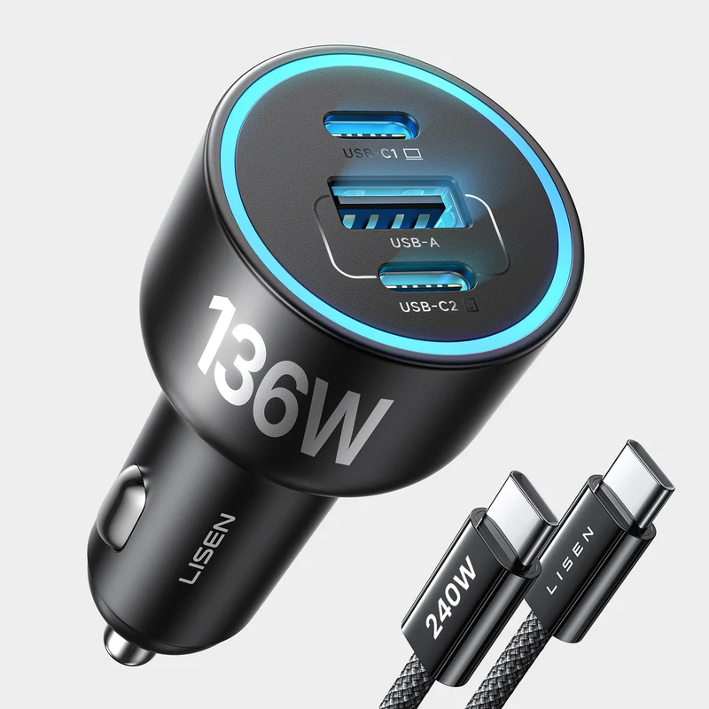 LISEN 136W Car Phone Charger USB C Fast Charge with 240W C-C Cable