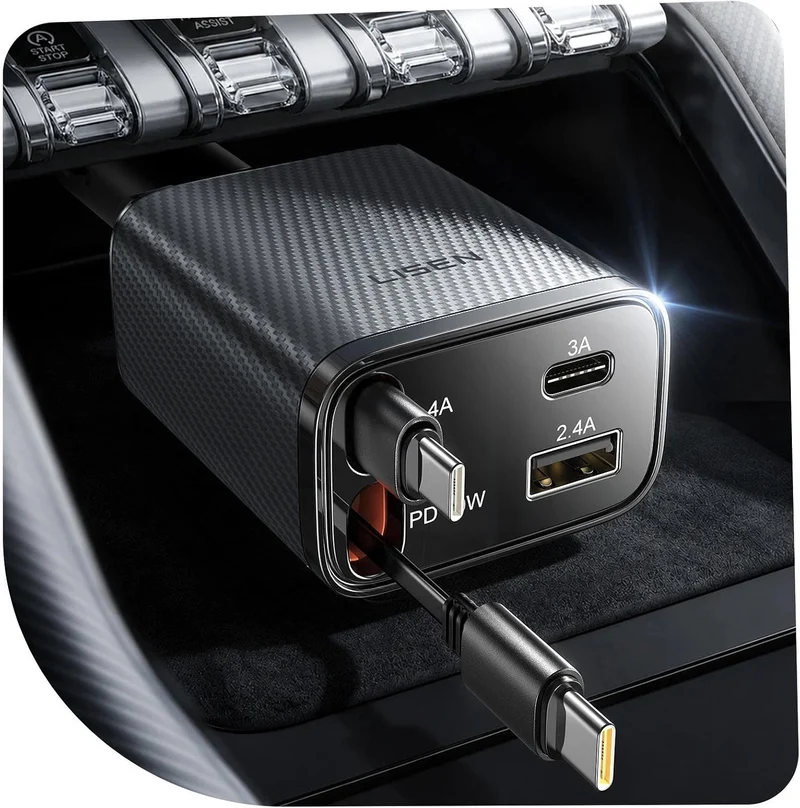 LISEN Retractable Car Charger USB C [Upgraded Dual Type C] 75W Fast 4 in 1 Car Charger for iPhone 17, Gifts for Him Her Men Women, Carbon Black