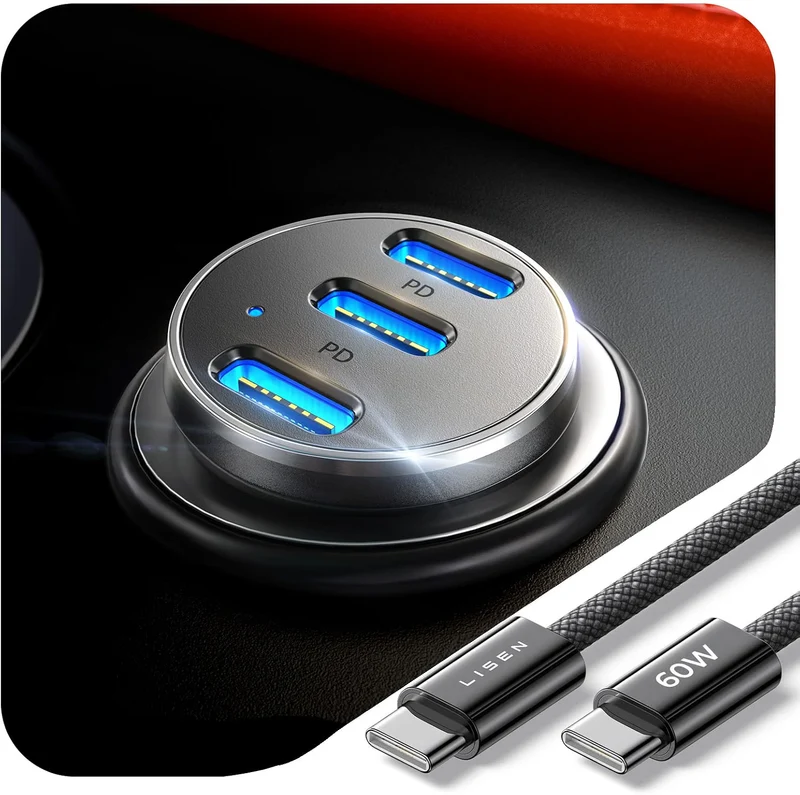 LISEN 108W Car Charger USB C Fast Charging for iPhone Duo 3-Port Cigarette Lighter Adapter Super Fast Charge 12V Type C Cell Phone Automobile Chargers for iPhone 18 17 16 15 Pro Max Samsung S26 Pixel