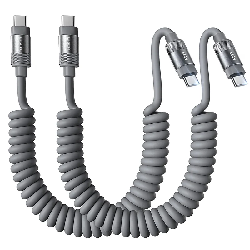 LISEN Coiled USB C Cable 2 Pack 60W Chubby Cable C to C Cable Fast Charging