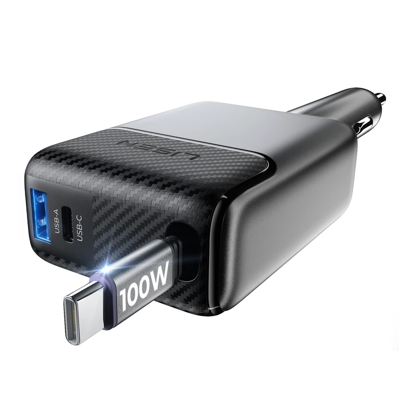 LISEN 100W Single Retractable Cable Car Charger, USB C Super Fast, 154W Max [100W on One Cable for Laptop] Fast Charging for Samsung S26/S25 Ultra, iPhone 17/16 Pro Max, MacBook, Pixel, iPad, AirPods