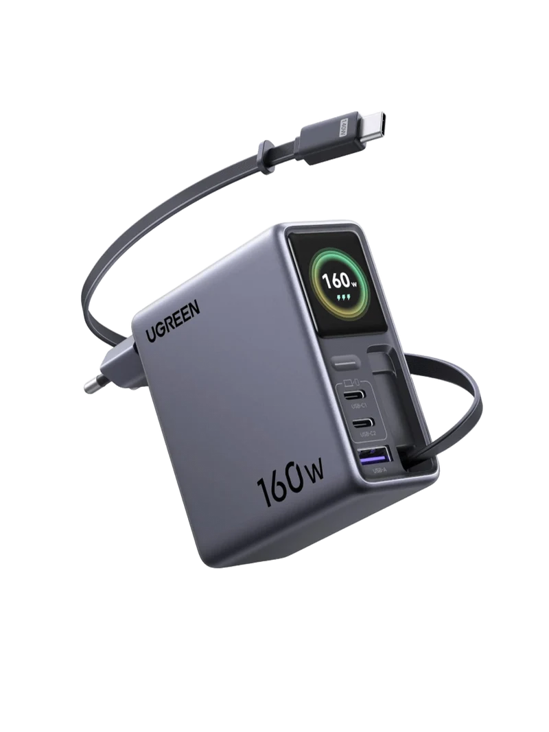 UGREEN Nexode Pro Smart-Display-Ladegerät (160 W, 4 Anschlüsse, GaN, ausziehbares Kabel, App-Steuerung)