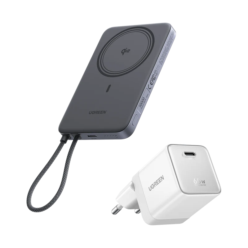 UGREEN MagFlow Air Powerbank & Nexode Air Ladegerät im Bundle (5.000 mAh / 10.000 mAh, Qi2 15 W, 65 W GaN)