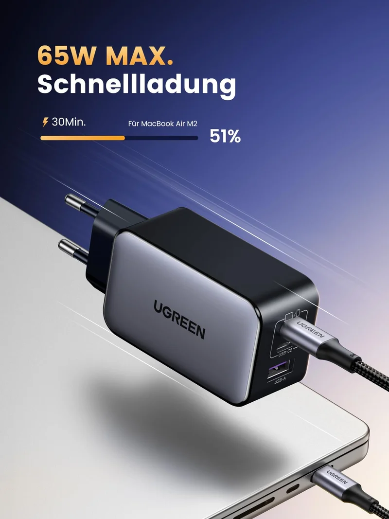 UGREEN Set-Angebot: 65W 3-Port Ladegerät + 100W USB-C Kabel + Smart Finder
