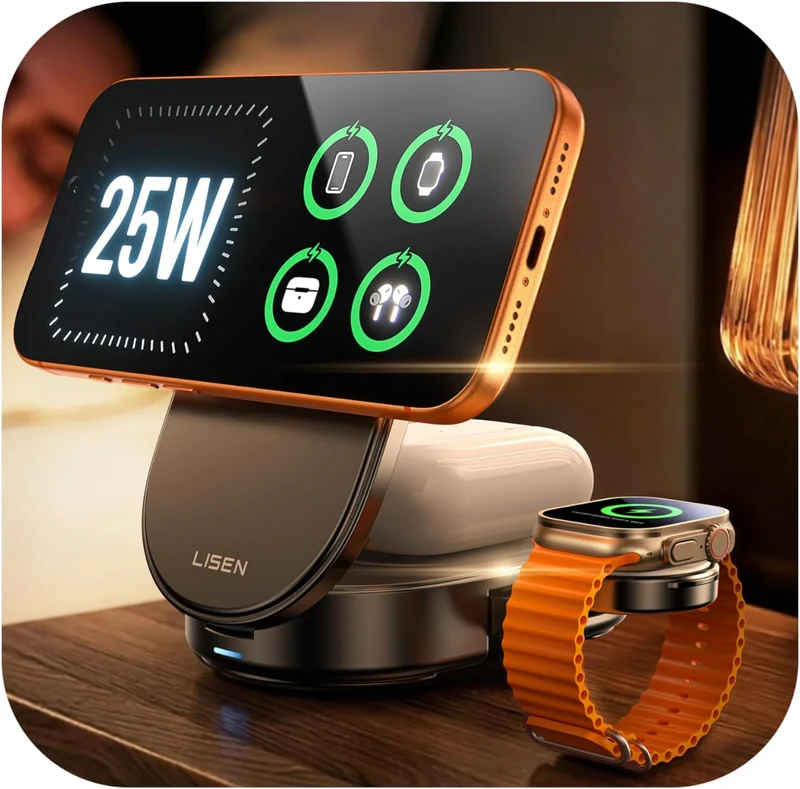 LISEN 3 in 1 Wireless Charger for Apple, Qi2 25W Fast Charger Wireless Charging Station for iPhone 17 16 15 14 13 12 Watch Airpods, for Magsafe Charger Charging Station As Gifts for Husbands Men Women