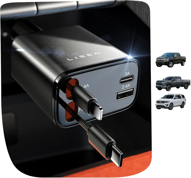 LISEN Long Retractable Car Charger 4 in 1 (47.2in Cable)