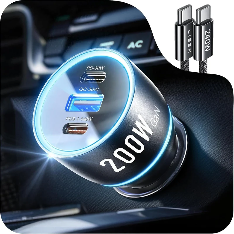 LISEN 200W Laptop USB C Car Charger Fast Charging 3 Ports Cigarette Lighter Adapter PD3.1