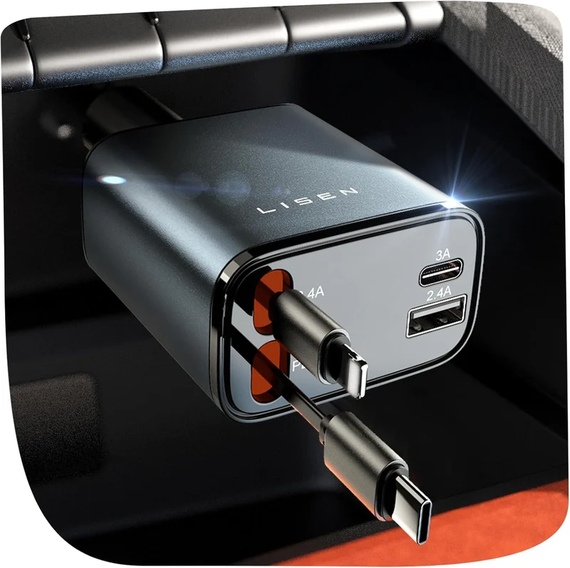 LISEN 84 W Cigarette Lighter USB C Retractable Car Charger Adapter