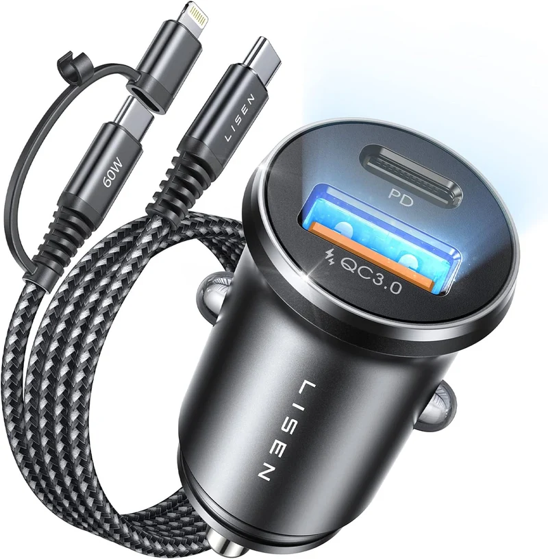 LISEN 54W Mini Metal Cigarette Lighter USB C Car Charger