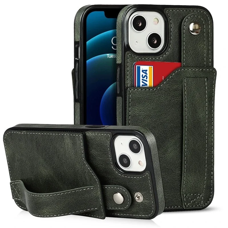 iPhone 14/ Pro/ Plus/ Pro Max - Elegante Schutz Hülle mit Armband und Kartenfach