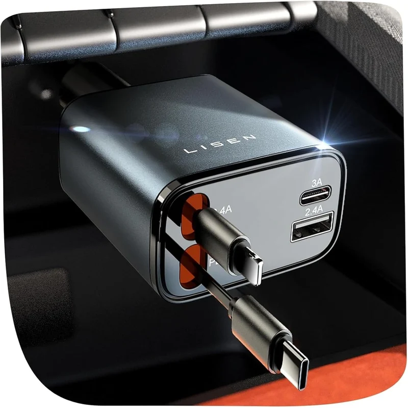 LISEN Retractable Car Charger, 84W Car Charger USB C Fast Charge, Duo Cable