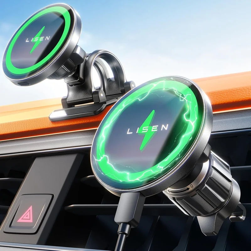 LISEN 15W MagSafe Car Mount Charger with 24 Strong Magnets