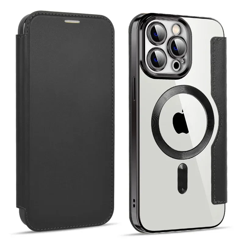iPhone 15/ Pro/ Plus/ Pro Max - Lederoptik Hülle MagSafe und Kartenfach mit Abdeckung