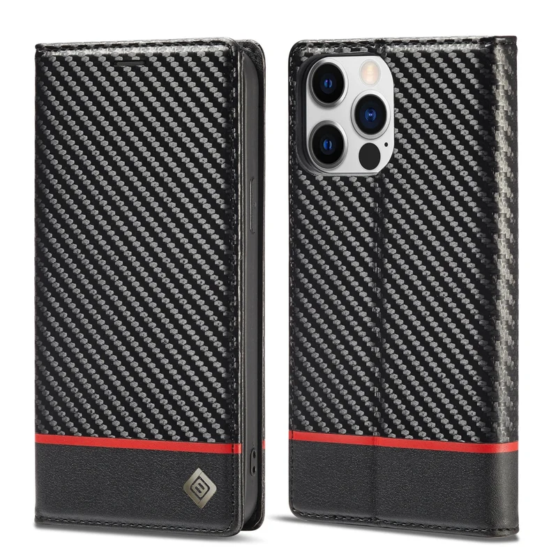 iPhone 14/ Pro/ Plus/ Pro Max - Kohlefaser Flip Lederoptik Hülle mit Magnetischer Abdeckung und Kartenfach