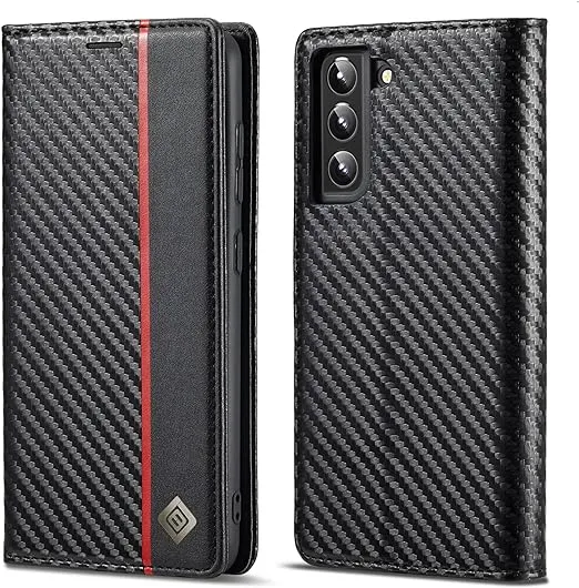 Galaxy S22/ S22 Plus/ S22 Ultra - Kohlefaser Flip Lederoptik Hülle mit Magnetischer Abdeckung und Kartenfach