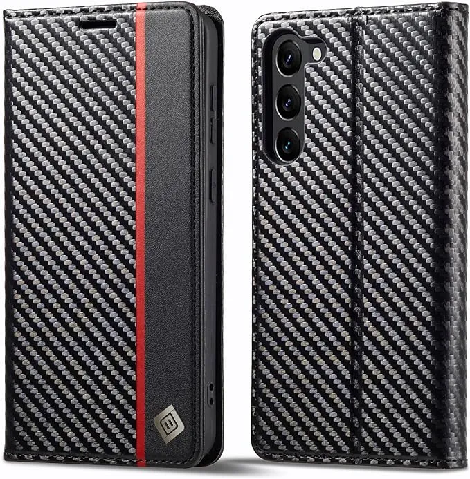 Galaxy S23/ S23 Plus/ S23 Ultra - Kohlefaser Flip Lederoptik Hülle mit Magnetischer Abdeckung und Kartenfach