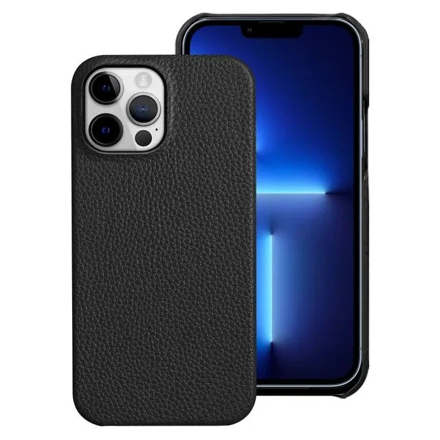 iPhone 14/ Pro/ Plus/ Pro Max - Luxus 3D Lychee Muster, Harte Stoßfeste Lederoptik Hülle