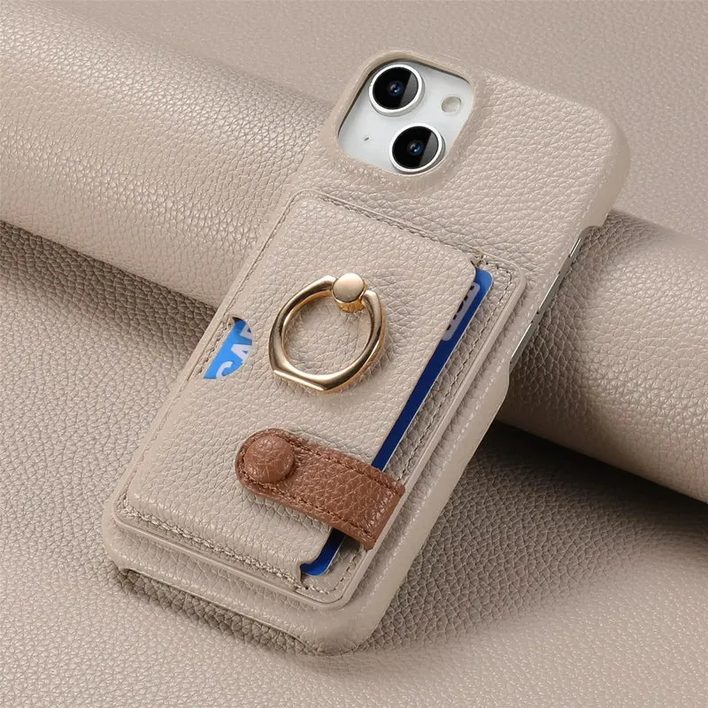 iPhone 15/ Pro/ Plus/ Pro Max - Lederoptik Schutz Hülle Kartenfach und Ring