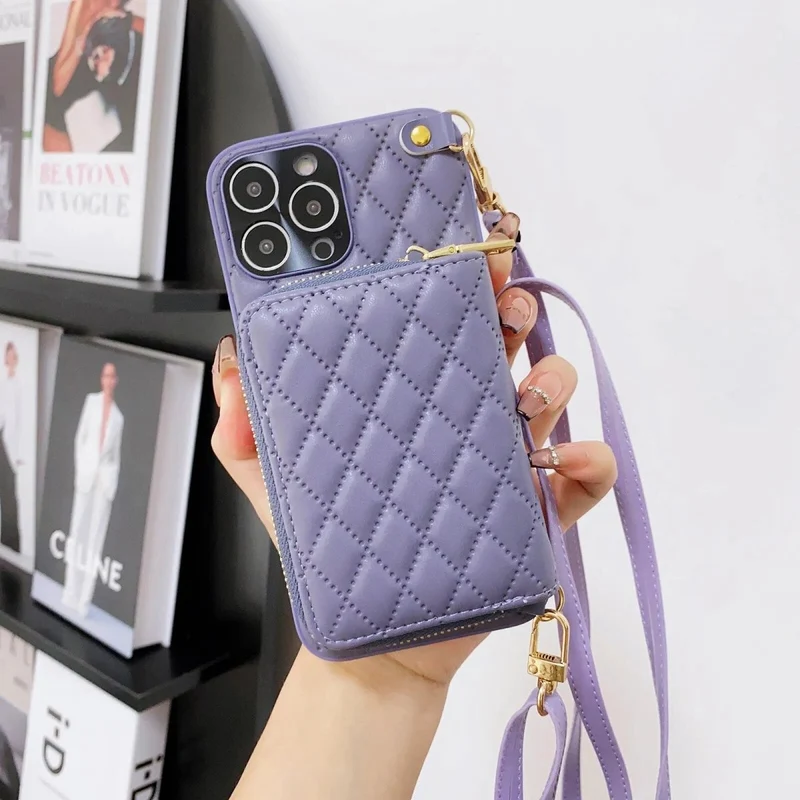iPhone 14/ Pro/ Plus/ Pro Max - Umhängetasche mit Umhänge Band, Schulterkartenhalter, Kosmetiktasche, Reißverschluss-Geldbörse aus Lederoptik