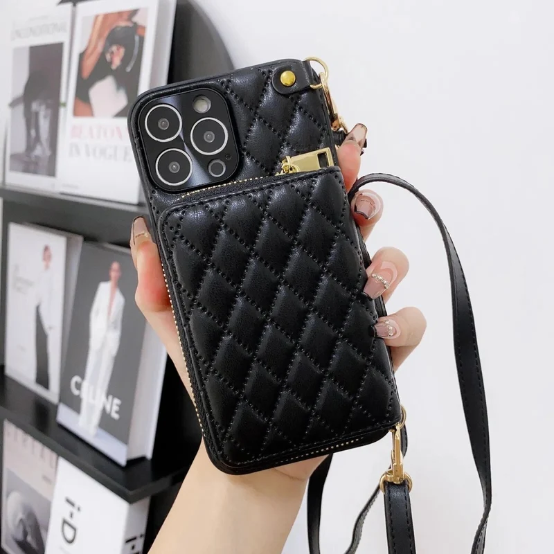 iPhone 15/ Pro/ Plus/ Pro Max - Umhängetasche mit Umhänge Band, Schulterkartenhalter, Kosmetiktasche, Reißverschluss-Geldbörse aus Lederoptik