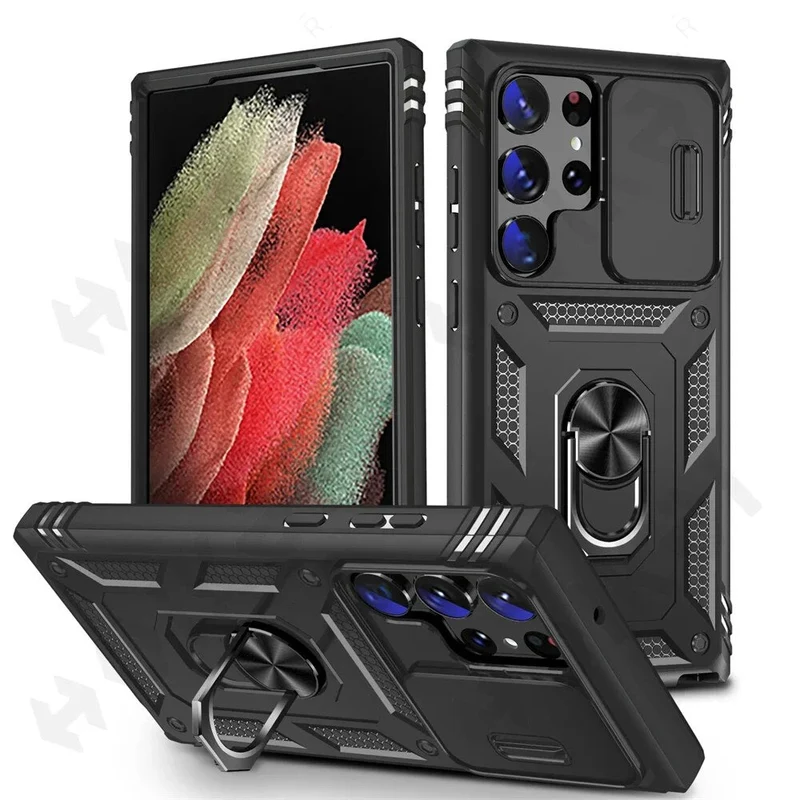 Galaxy S21/ S21 FE/ S21 Ultra - Slide Camera 360 Degree Rotate Kickstand Heavy Grade Cover