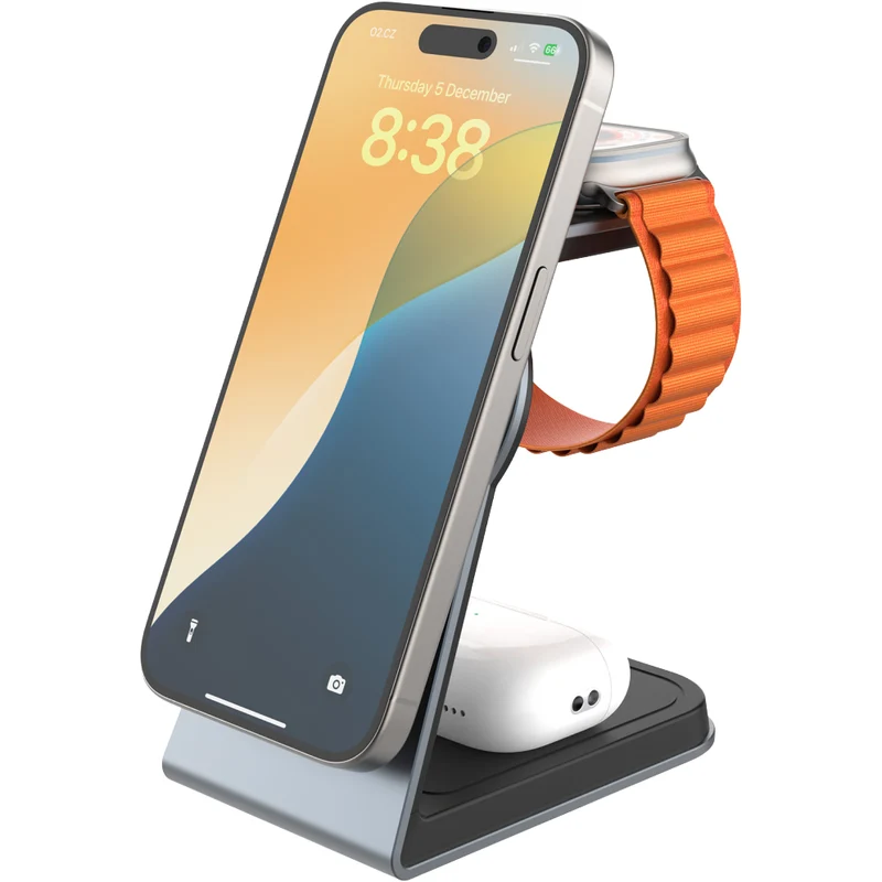 Induktionsladegerät mit Qi2.2 25W für MagSafe, 33.5W, Fixed MagPowerstation Alu 3, inkl. USB-C Kabel, Silber