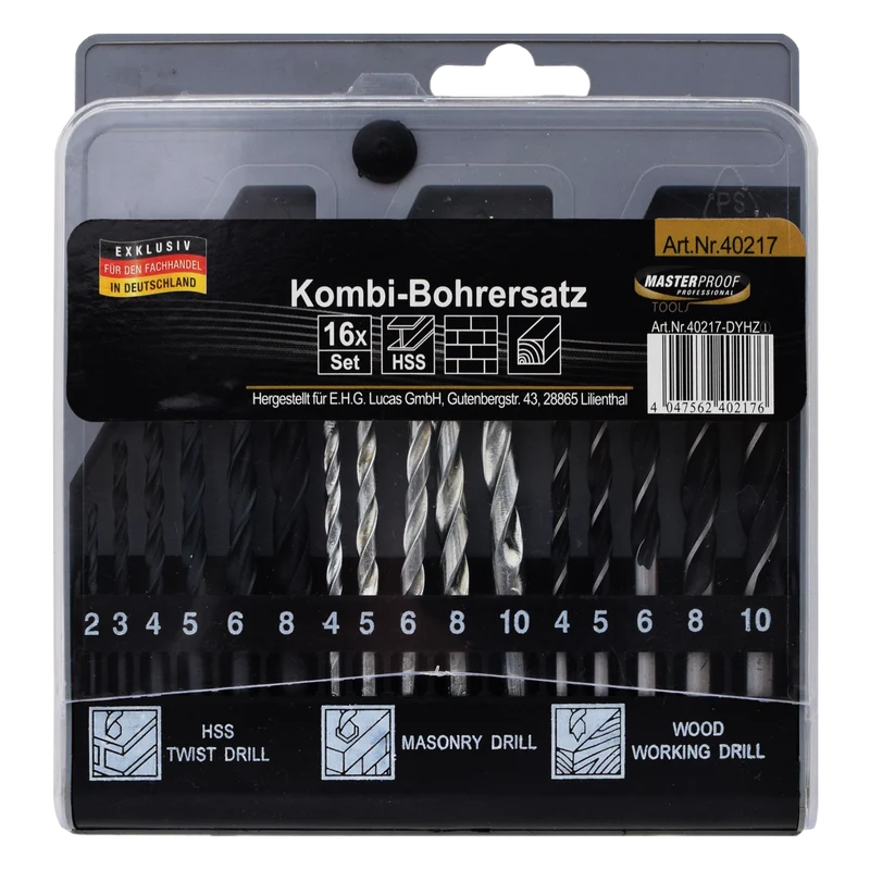 Kombi-Bohrer-Satz - 16-teilig - für Stein, Holz & Metall