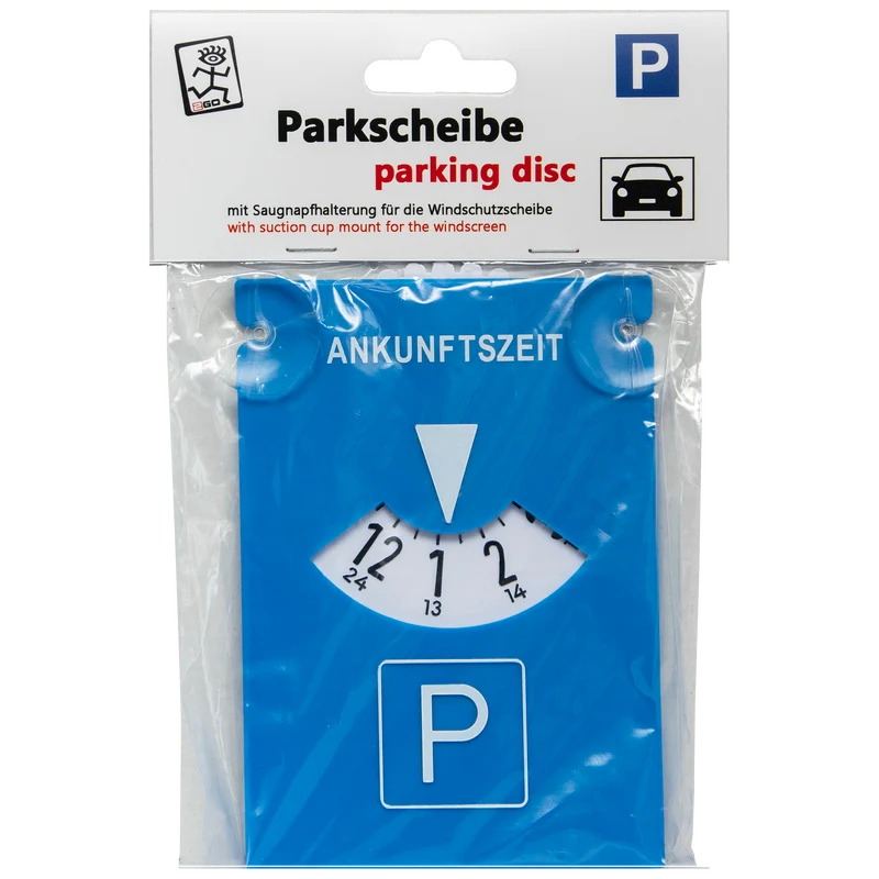 Parkscheibe mit Saugnäpfen auf der Front - zur Montage an der Windschutzscheibe