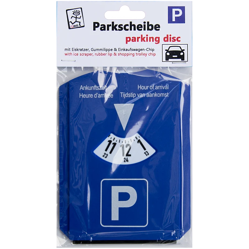 Parkscheibe - mit 3 Chips für Einkaufswagen - integrierter Eiskratzer - Abzieh-Gummilippe