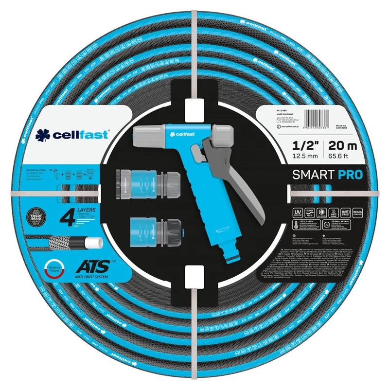 Cellfast SMART PRO ATS 4-lagiger Gartenschlauch Schlauchset mit Zubehör ATS Trikotgewebe Flexibel Knickfest UV und Algenfest 1/2" 20 m