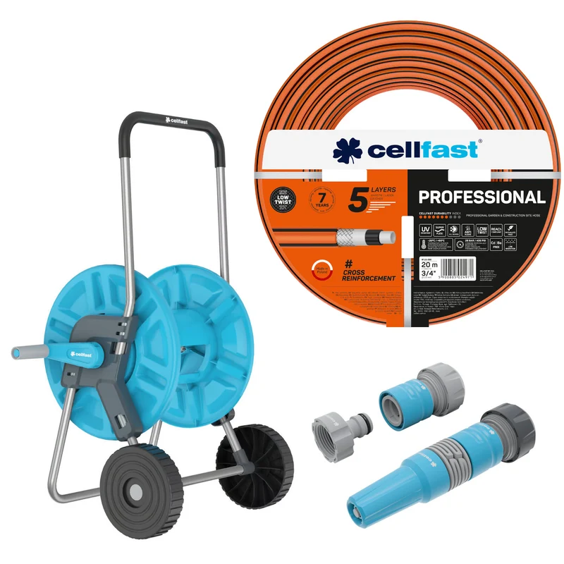 Cellfast-Gartenschlauch, PROFESSIONAL 3/4" 20 m + Cellfast Aluplus-Schlauchwagen 1/2" 60 m + Set mit geradem Sprühkopf 3/4" IDEAL