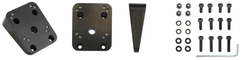 Montageplatte 216183 Angewinkelte Abstandsplatte, 50x60x5-21 mm. Angewinkelt 15°. Mit doppel AMPS-Löchern M4 unt 4 vorgebohrten Löchern. Aus Aluminium.