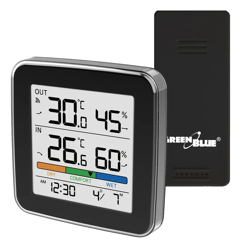 GreenBlue Funk-Wetterstation, Temperatur + Luftfeuchtigkeit IN/OUT, Uhr + Wecker + Datum, °C / °F, bis zu 60 m, schwarz, GB169 B