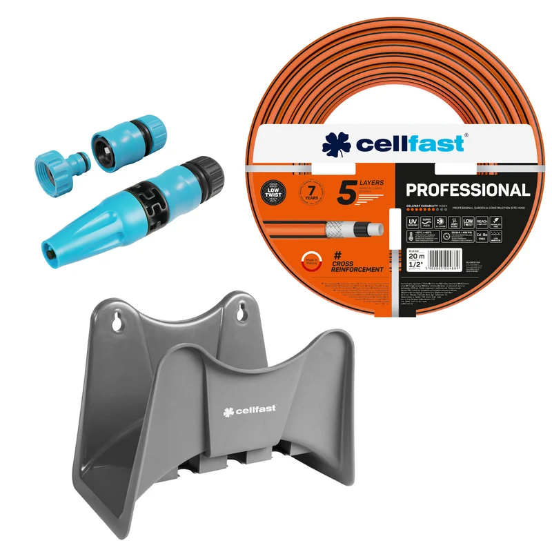 Cellfast-Gartenschlauch, PROFESSIONAL 1/2" 20 m + Cellfast-Schlauchhalter, grau + Set mit Cellfast Basic-Sprinkler 1/2"
