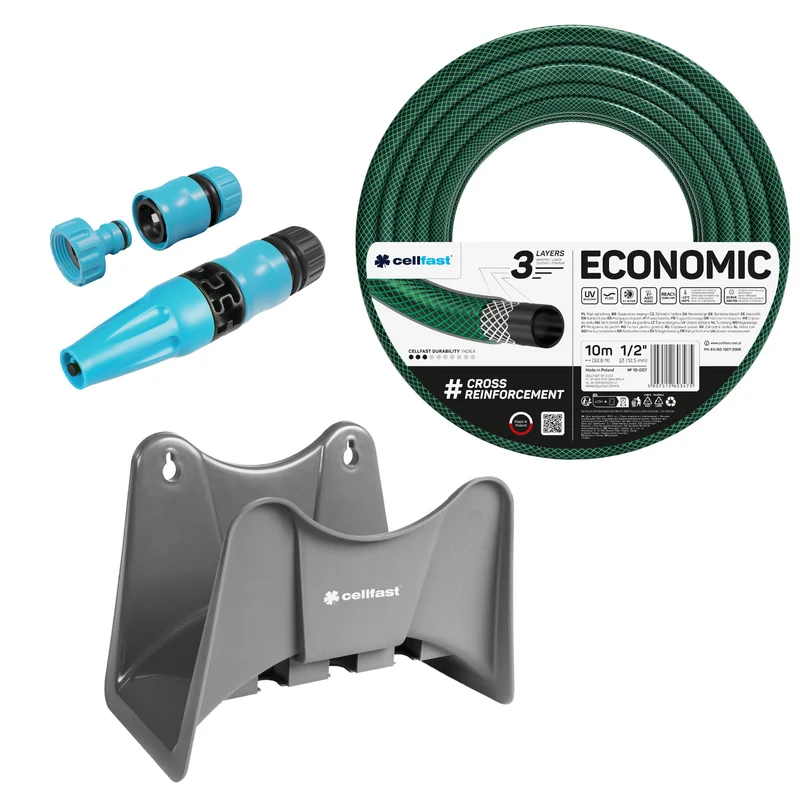 Cellfast Economic Gartenschlauch 1/2" 10 m + Cellfast Schlauchhalter (grau) + Set mit Cellfast Basic Geradsprinkler 1/2"
