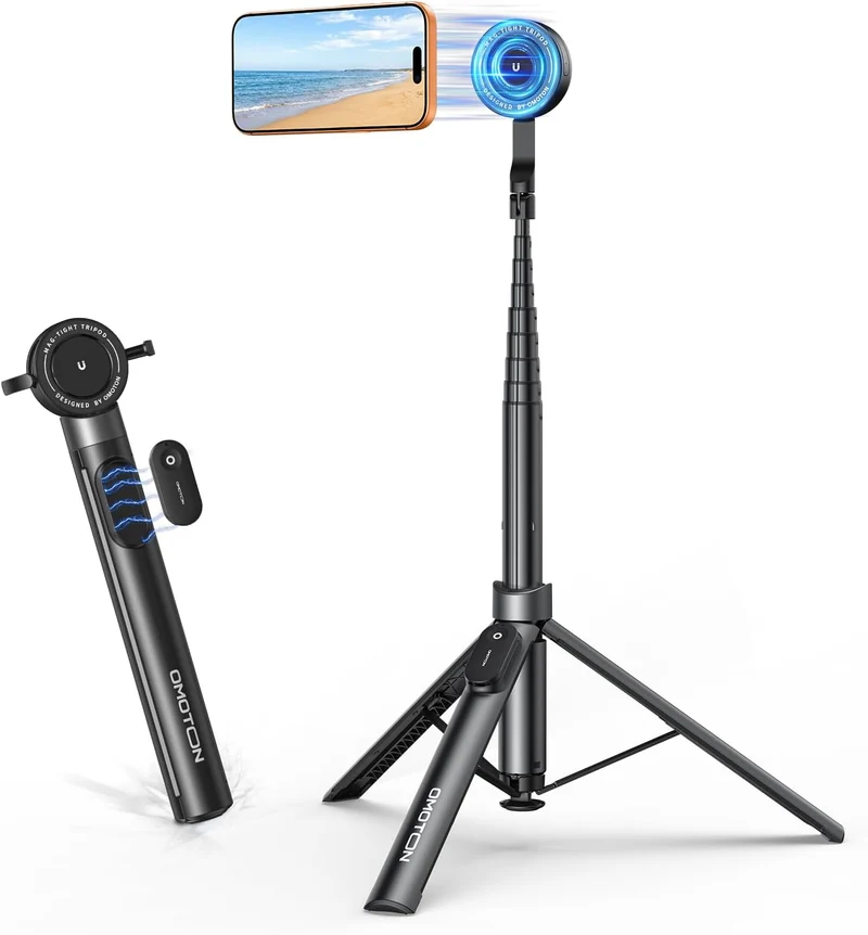 OMOTON 68" Auto-Open Magnetic Phone Tripod for MagSafe, Aluminum Selfie Stick with Remote for Video Recording, Travel and Vlogging, Cell Phone Tripod Stand for iPhone 17/16/15 Pro Max and Android