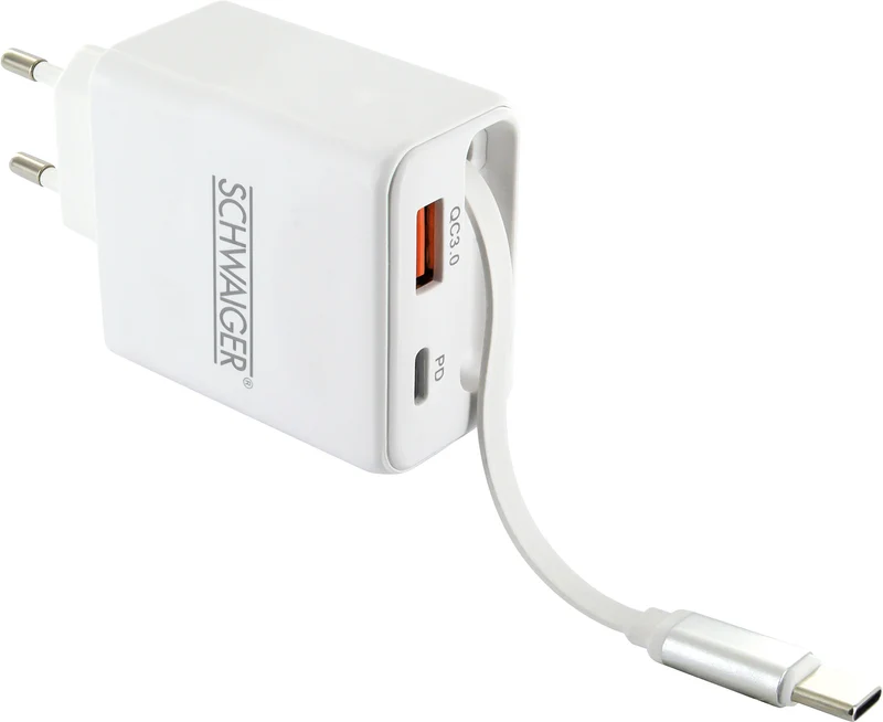 Ladeadapter 30W USB A+C mit ausziehbarem Kabel