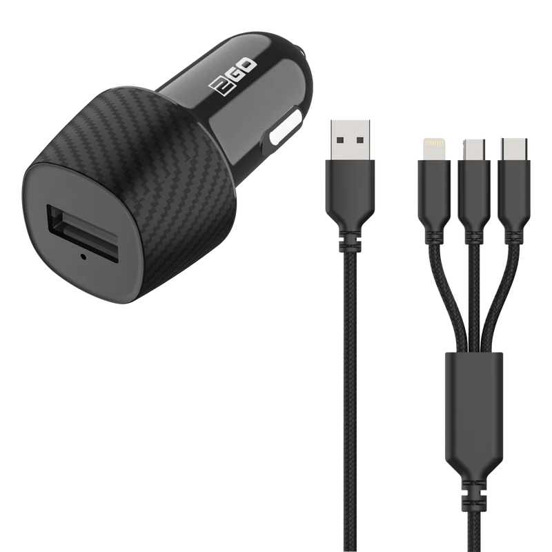 Kfz-Ladeset 12 V / 24 V - 2-teilig - 3 in 1 Kabel - 1 x USB A - 15 W - 3000 mA - schwarz