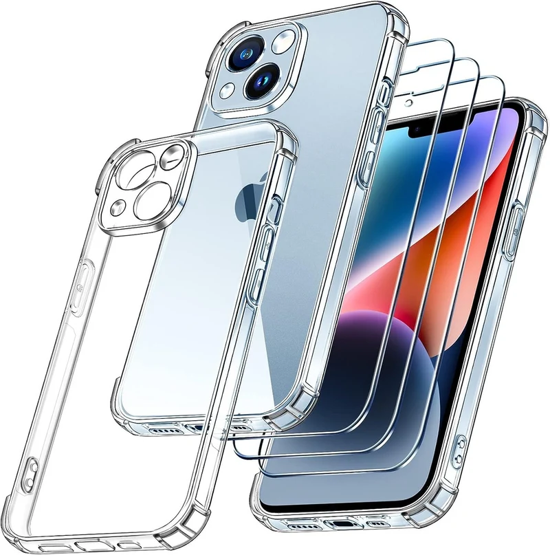 3x Schutzglas iPhone 16 15 14 13 12 , Plus, Mini + 1x Hülle