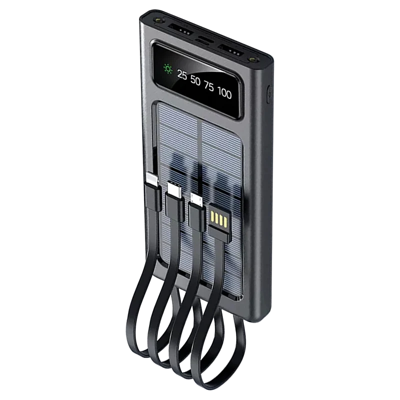 Powerbank mit Solar-Notfall-Ladung - 10000 mAh - 2x USB - integrierte Kabel - Display - LED - grau