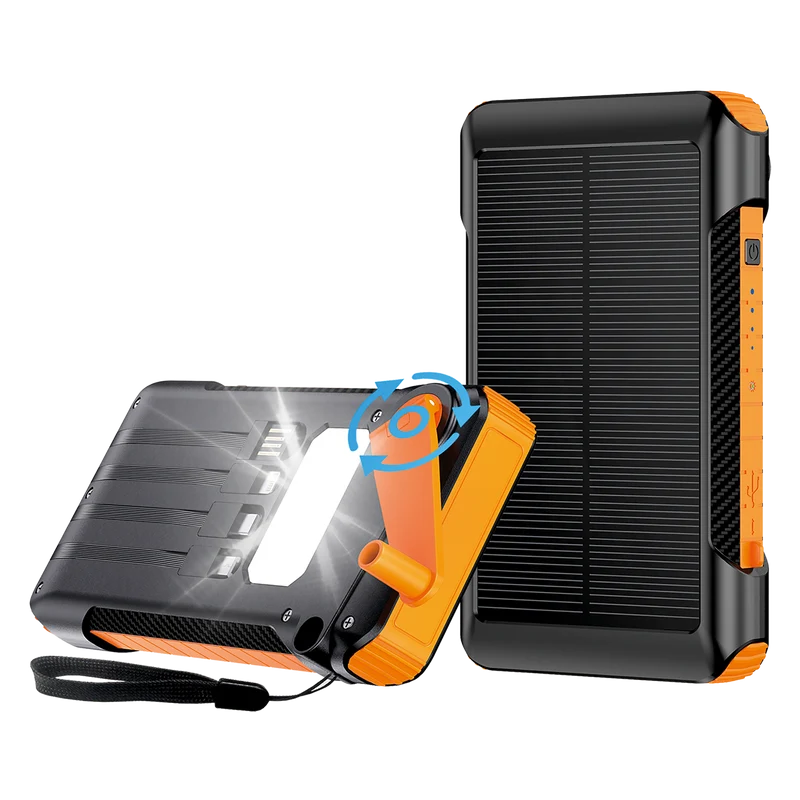 Powerbank All-in-One - 10000 mAh - Notfall-Solar-Panel & Handkurbel - 1 x USB A - integrierte Kabel - LED - Status-LED - schwarz / orange