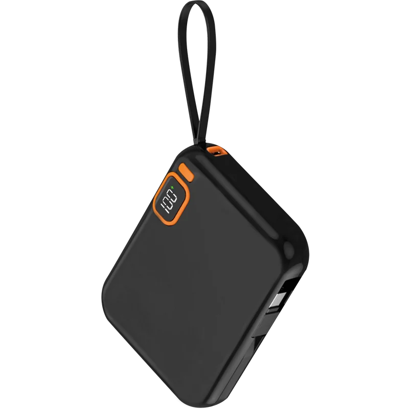 Powerbank Travel 10000 mA - 1 x USB Type-C - 1 x 8-Pin (Lightning) & 1 x USB Type-C Kabel - Handschlaufe - schwarz / orange