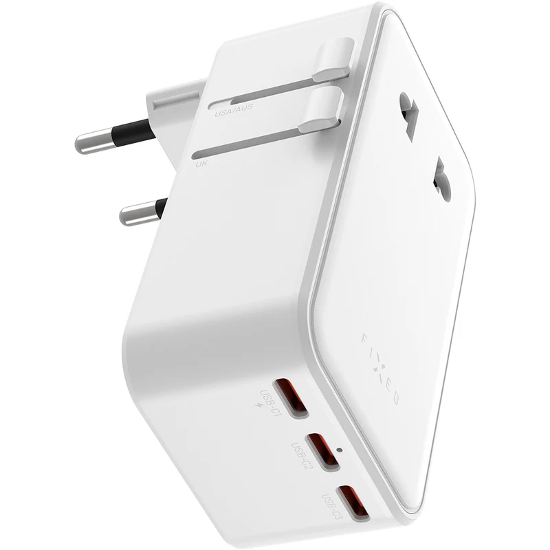 Netzladegerät mit GaN, USB-C und USB-A, 45W, Fixed Voyager Slim, EU / UK / USA / AUS, Weiß
