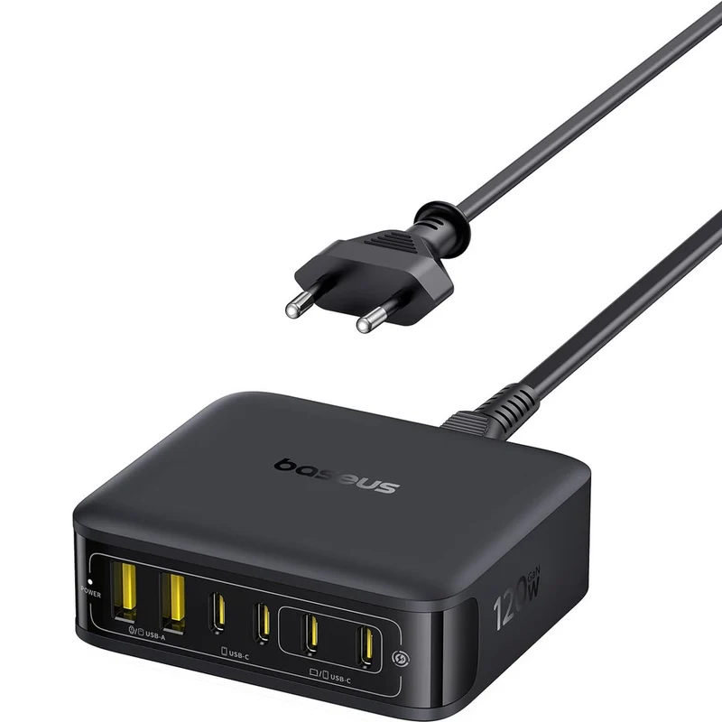 GaN-Ladestation, Tischladegerät 120 W, 4x USB-C / 2x USB-A, Baseus EnerFill FH21, Schwarz