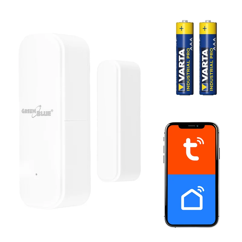 Drahtloser Reed-Schalter / WLAN-Öffnungssensor GreenBlue, Android/iOS, für Türen / Fenster, 3,0 V DC, LR03x2, GB479 W + 2x R-03 LR03 AAA-Alkalibatterie Varta Industrial 4003
