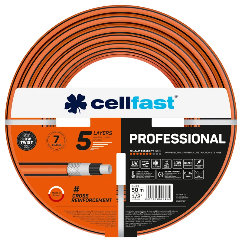 Cellfast Professional Gartenschlauch, Durchmesser 1/2 Zoll, Länge 50 m, 5-lagig