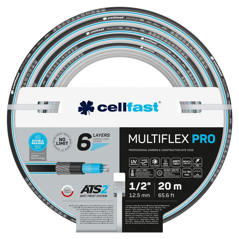 Cellfast MULTIFLEX ATSV 6-lagiger Schlauch Gartenschlauch Doppelter Kreuz- und Trikotgewebe UV-Strahlen und Algenbildung 35 Bar 1/2" 20 m