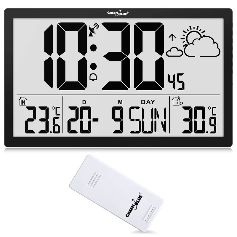 Wetterstation Digitale Wanduhr mit Außensensor, DCF-Uhr, 37x22,5cm Große Wanduhr, Alarm mit Schlummerfunktion, LCD Display, Innen und Außentemperatur, Wettervorhersage