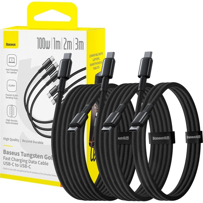 3 x Kabel USB-C zu USB-C, PD 100W, 1 m, 2m, 3m Baseus Tungsten Gold, Schwarz